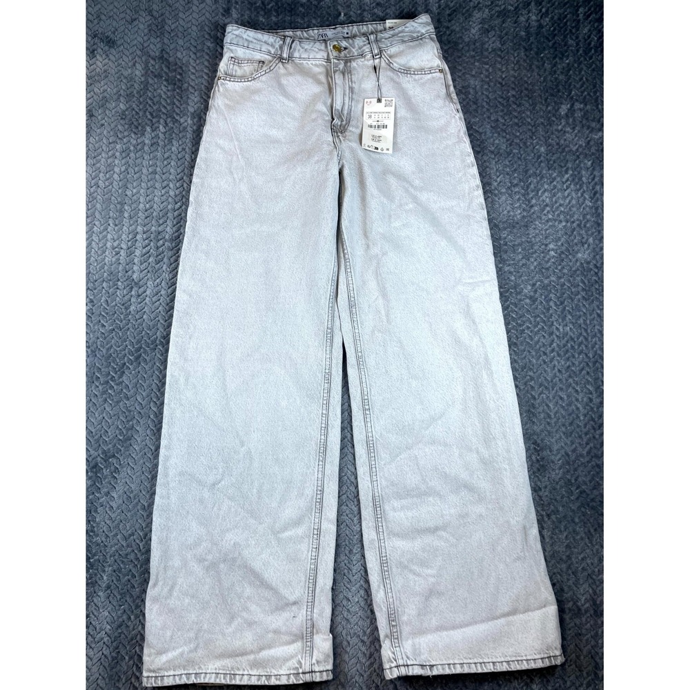 Zara Jeans Womens 6 Light Gray Denim Cotton High Rise Relaxed Fit Wide Leg